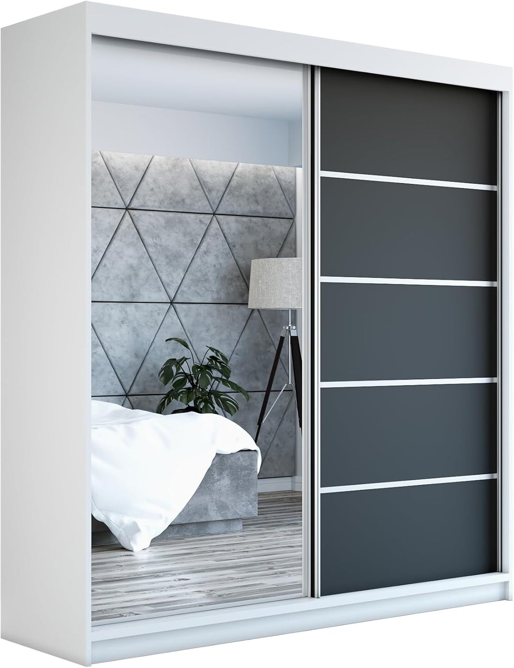 A&J MöbelLand Schwebetürenschrank GAPI Kleiderschrank 2-türig mit Spiegel, Garderobe 160 cm (Weiß/schwarz/schwarz)