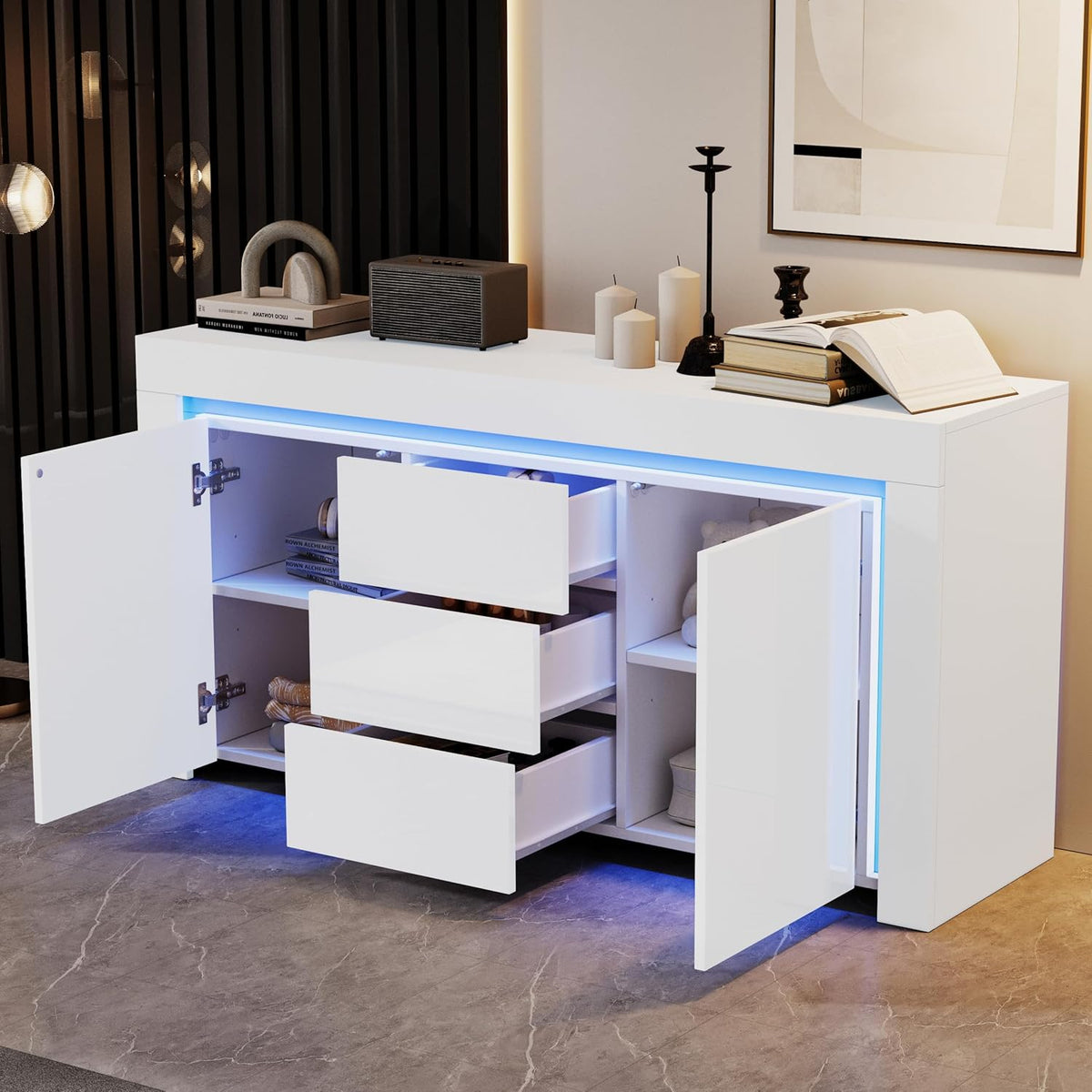 ModernLuxe LED Sideboard Hochglanz Wohnzimmer Beistellschrank 140x40x65cm,3 Schubladen & 2 Türen, Moderne Kommode mit Stauraum für Flur, Büro und Wohnzimmer, Weiß