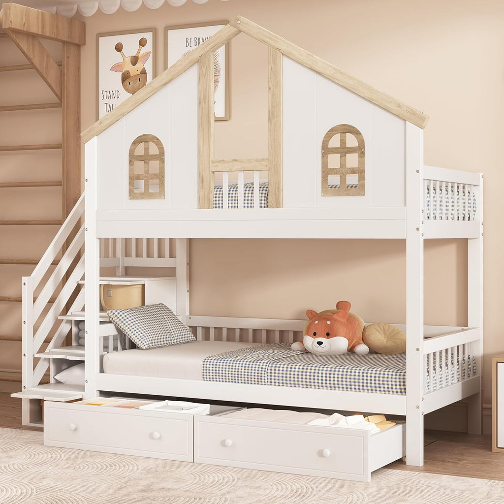 Cama alta Merax 90x200cm, litera infantil para 2 niños, cama casita con escalera, almacenaje y cajones, cama tipo casa del árbol con ventana y techo, protección anticaídas y somier, pino+MDF, sin colchón, blanca