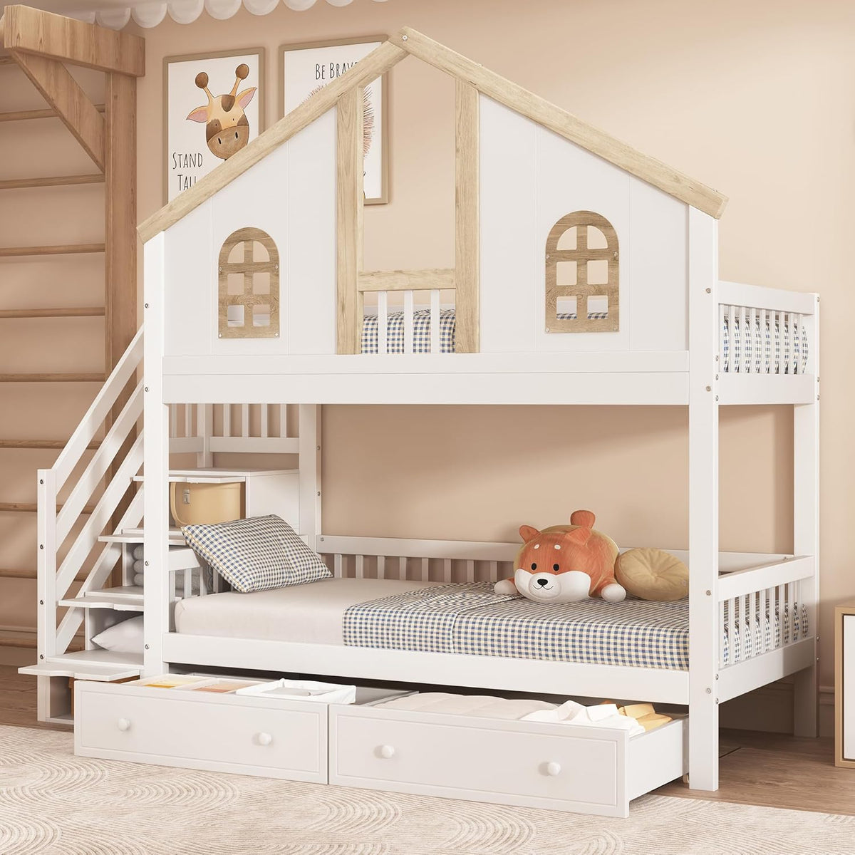 Cama alta Merax 90x200cm, litera infantil para 2 niños, cama casita con escalera, almacenaje y cajones, cama tipo casa del árbol con ventana y techo, protección anticaídas y somier, pino+MDF, sin colchón, blanca
