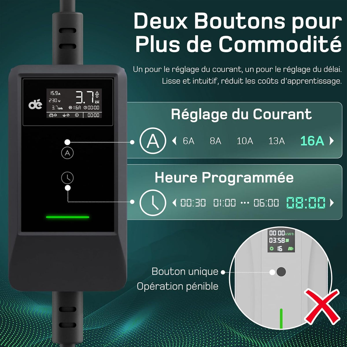 Cargador de coche eléctrico de 3,7 kW [10 m, 6/8/10/13/16 A], cable de carga para coche eléctrico tipo 2 con soporte de pared, pantalla LCD digital, compatible con E-208, Model Y, E-Tech, 500e y otros vehículos eléctricos/híbridos enchufables