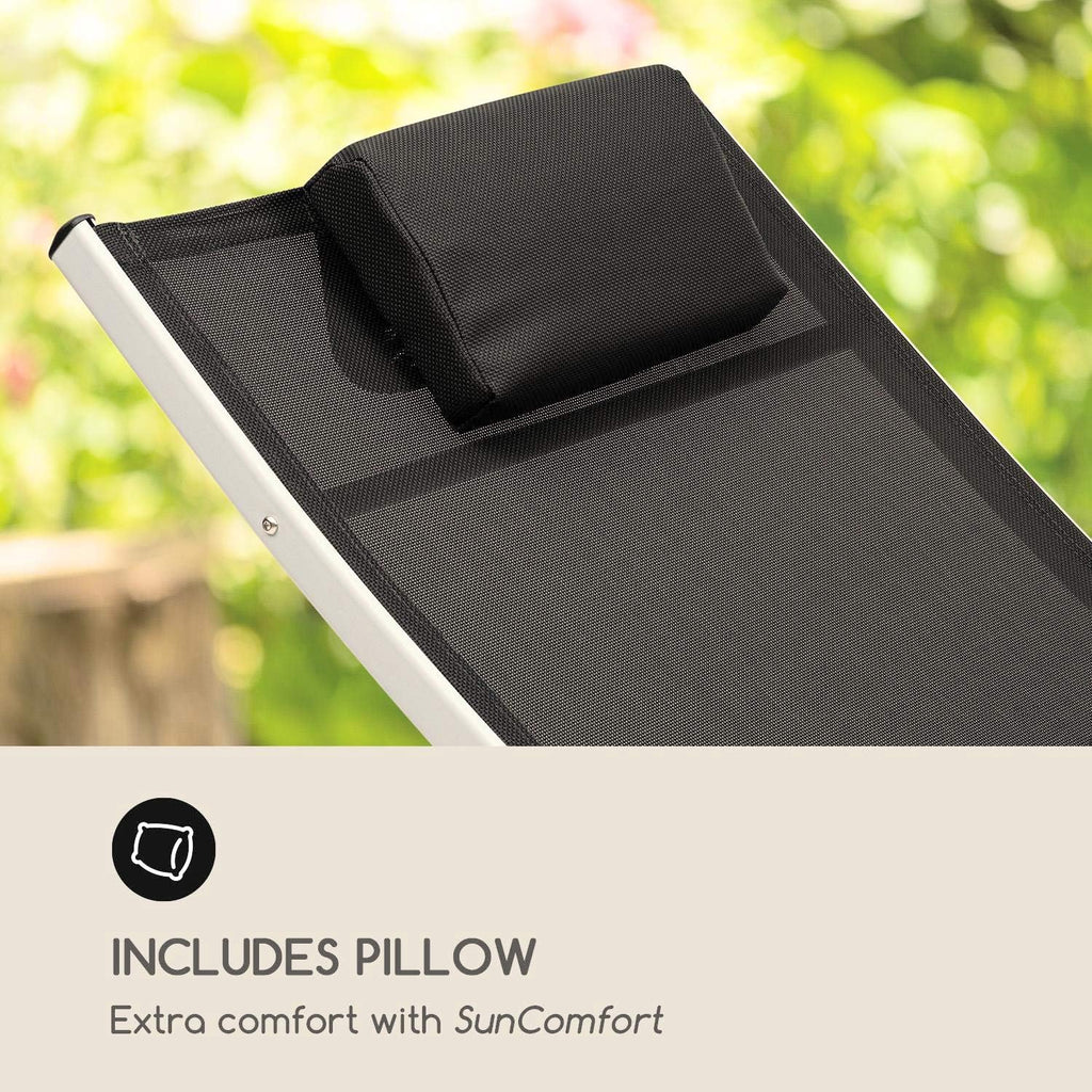 Blumfeldt Sun Valley - Sonnenliege mit Kopfkissen, zusammenklappbar, Gestell aus Aluminium, 4-Fach verstellbare Rückenlehne, Sun Comfort, Material: 70% PVC und 30% Polyester Comfort Mesh, schwarz
