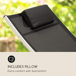 Blumfeldt Sun Valley - Sonnenliege mit Kopfkissen, zusammenklappbar, Gestell aus Aluminium, 4-Fach verstellbare Rückenlehne, Sun Comfort, Material: 70% PVC und 30% Polyester Comfort Mesh, schwarz