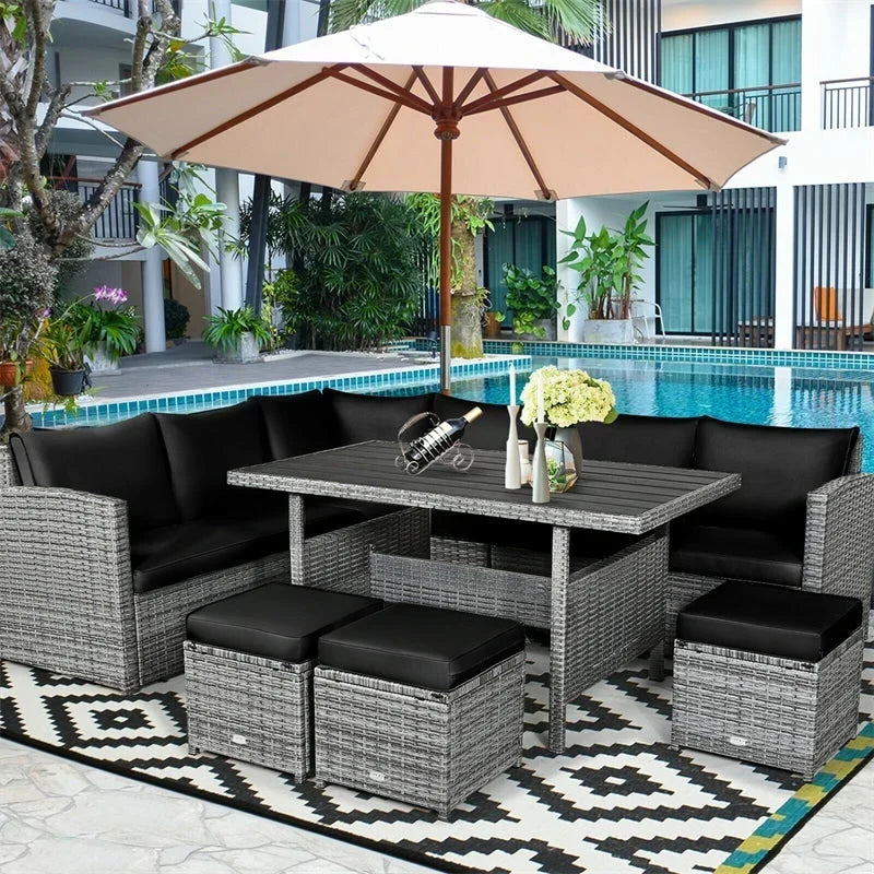 Conjunto de muebles de comedor para patio de 7 piezas de ratán con sofá seccional, mesa de comedor, otomanas y cojines