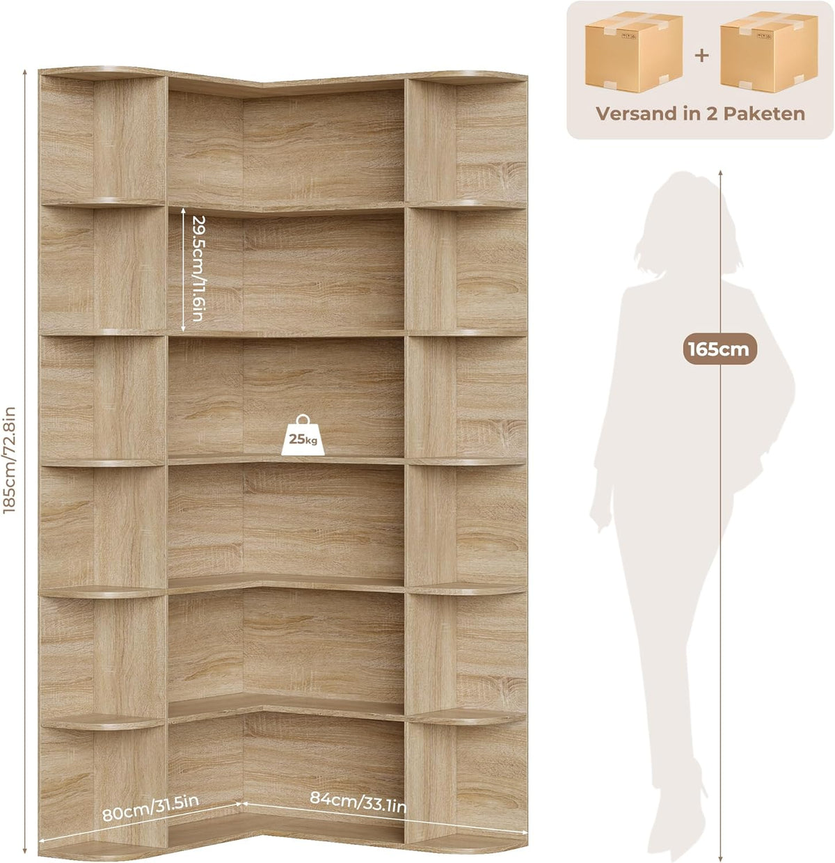 Estantería esquinera de pie FirFurd de 185 cm, librería rinconera con 6 niveles, armario esquinero en forma de L, vitrina de esquina para despacho, salón o cocina, 80 x 84 x 185 cm, roble