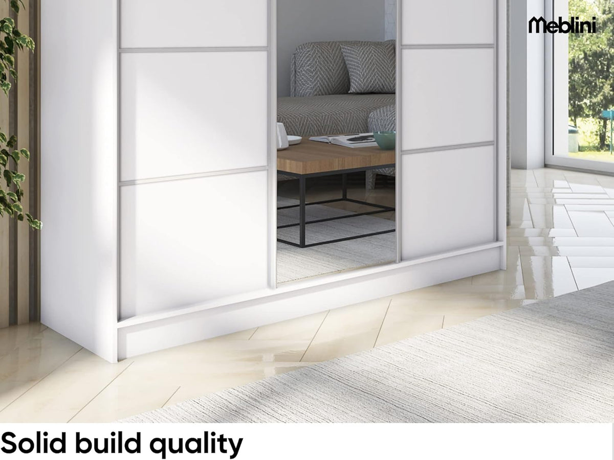 Armario MEBLINI con espejo, 3 puertas - Armario de puertas correderas con barra para colgar ropa - Armario de dormitorio con estantes - Armario ropero - MAKIRA - 180 cm - Blanco/Blanco + espejo