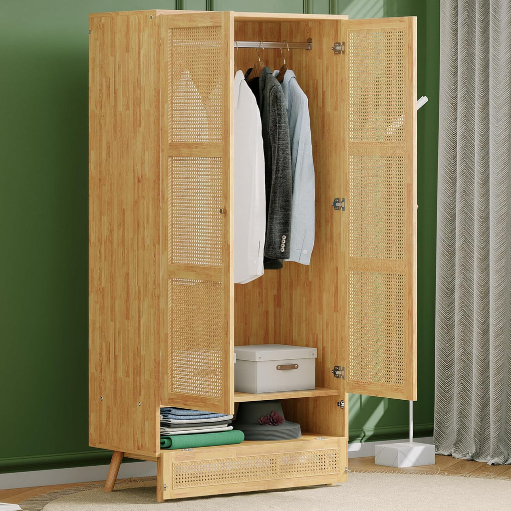 Soweiz Armario con barra, armario de 2 puertas, dormitorio, red de ratán, sala de estar, con solapa inferior, tablero de partículas + ratán de polietileno, natural