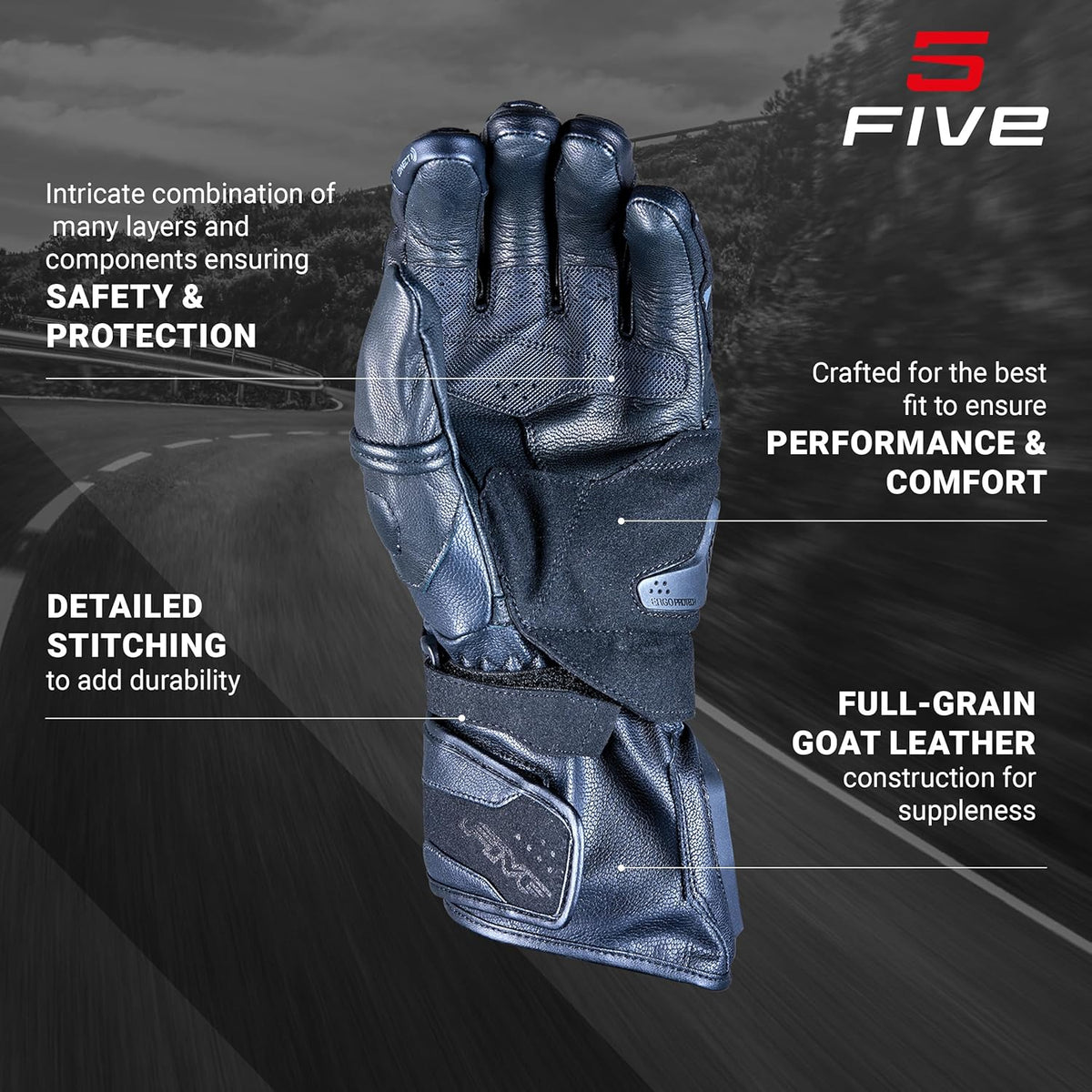 FIVE Guantes de moto RACING, RFX4 EVO, Guantes deportivos polivalentes para carretera y circuito
