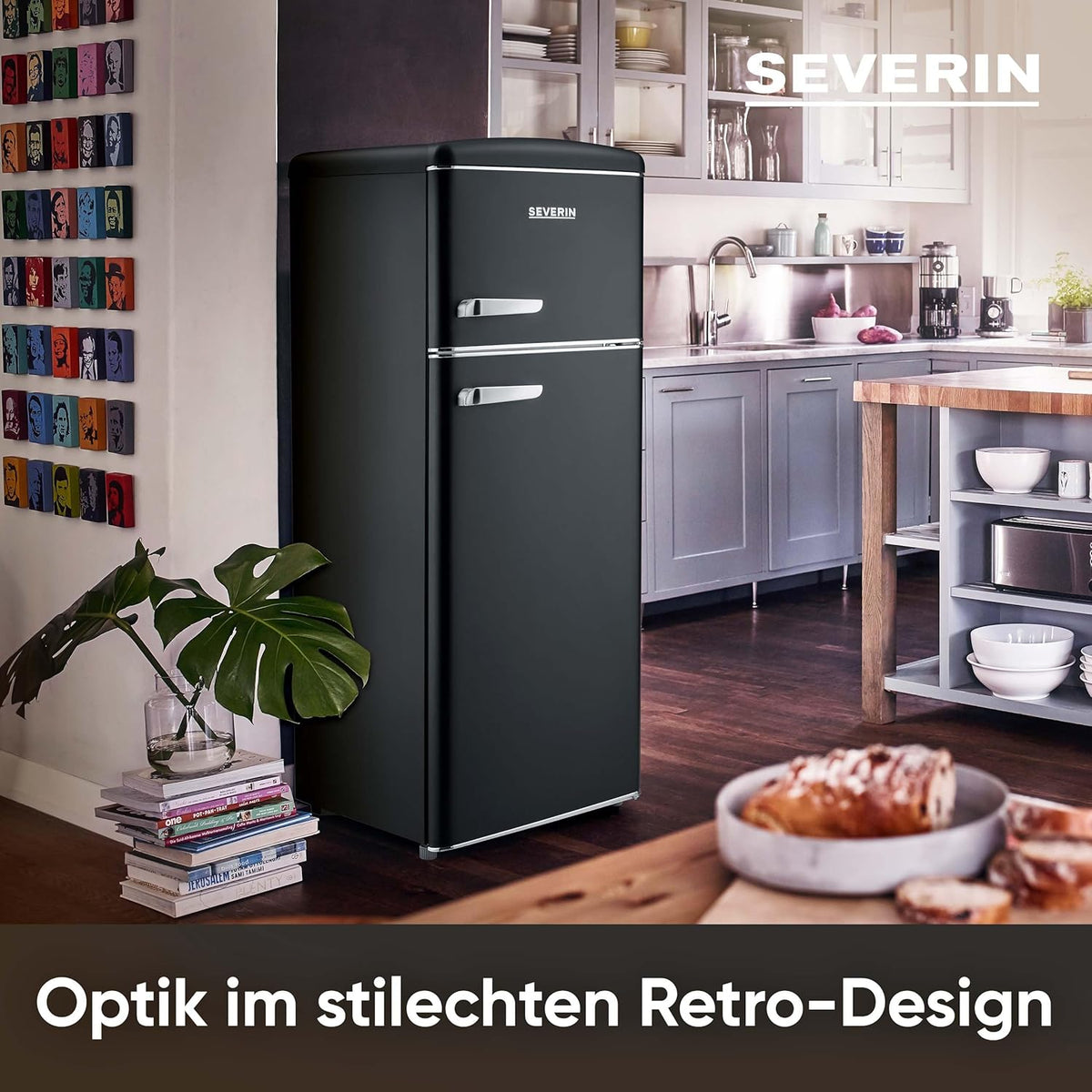 SEVERIN Retro - Frigorífico combi, compacto y eficiente, 4 estantes ajustables en altura y una gran cajonera para verduras, 206 L de capacidad útil, color crema, RKG 8933