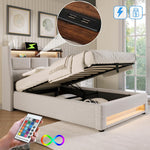Cama tapizada individual LAKFEW 90x200 cm con cabecero LED USB, cama hidráulica con espacio de almacenamiento, estructura de cama con somier de láminas, cama juvenil, muebles de dormitorio, beige, lino, sin colchón