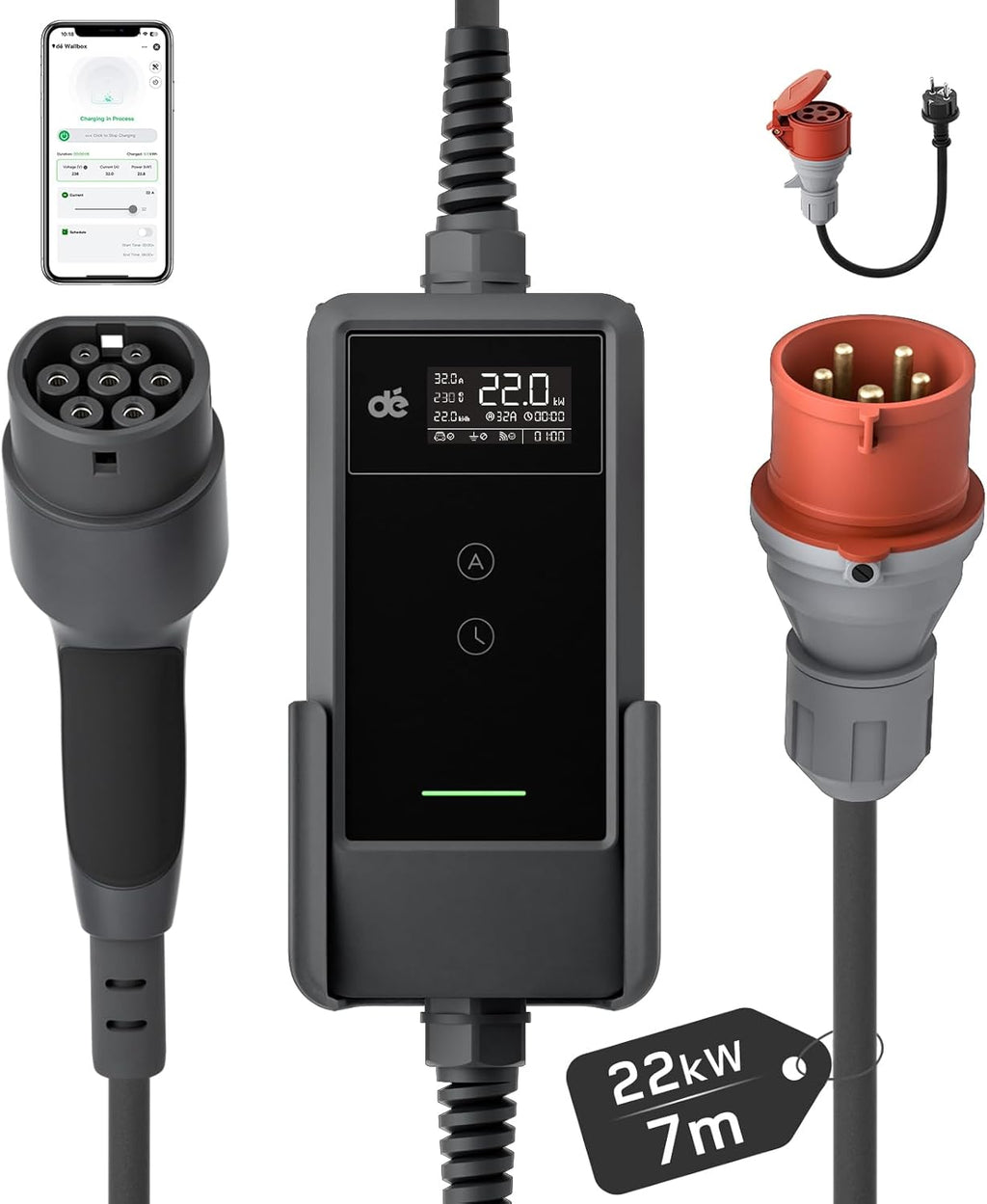 Mobile Wallbox/Estación de carga 22kW con App [trifásica|7m|6-32A] con medidor de energía, cable de carga CEE 32A a Tipo 2 y cargador de VE para Model Y/3, ID.3/4/5, MG4, EX30, e-up, e-tron y otros VE/Híbridos enchufables