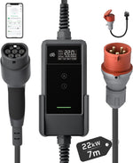 Mobile Wallbox/Estación de carga 22kW con App [trifásica|7m|6-32A] con medidor de energía, cable de carga CEE 32A a Tipo 2 y cargador de VE para Model Y/3, ID.3/4/5, MG4, EX30, e-up, e-tron y otros VE/Híbridos enchufables