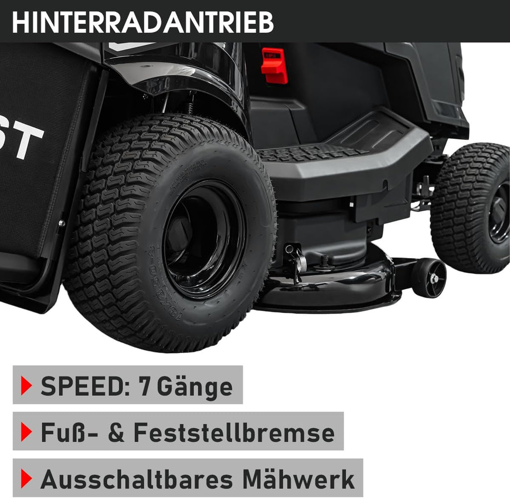 Tractor cortacésped a gasolina BRAST | 9,2 kW (12,5 CV) | Arranque eléctrico | Ancho de corte XXL de 98 cm | Función 2 en 1 | Transmisión de 7 velocidades | Cesta de recogida de 245 L | para grandes superficies de césped de 1.000-5.000 m²