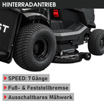 Tractor cortacésped a gasolina BRAST | 9,2 kW (12,5 CV) | Arranque eléctrico | Ancho de corte XXL de 98 cm | Función 2 en 1 | Transmisión de 7 velocidades | Cesta de recogida de 245 L | para grandes superficies de césped de 1.000-5.000 m²
