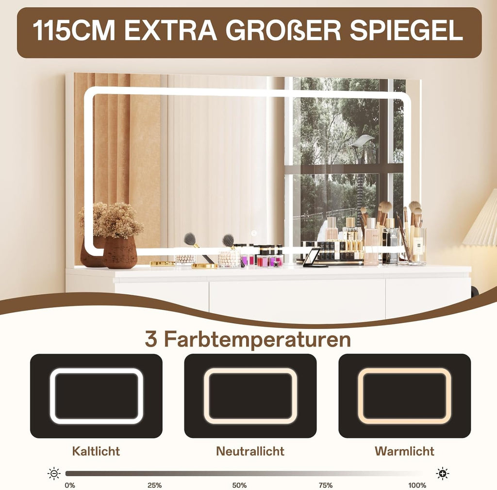 TRIUMPHKEY Schminktisch Groß mit Spiegel und LED Beleuchtung 115cm,Farbtemperatur Einstellbar, 7 Schubladen Schminktisch mit Steckdose Dressing Table mit Hocker,115x40x139cm,Weiß