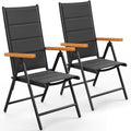 LIFERUN Silla de jardín plegable con respaldo alto, juego de 2 sillas de aluminio para balcón, reposabrazos de WPC, con respaldo y asiento acolchados, ajustable en 7 posiciones, hasta 120 kg, silla de comedor para exteriores, negro, 2 unidades