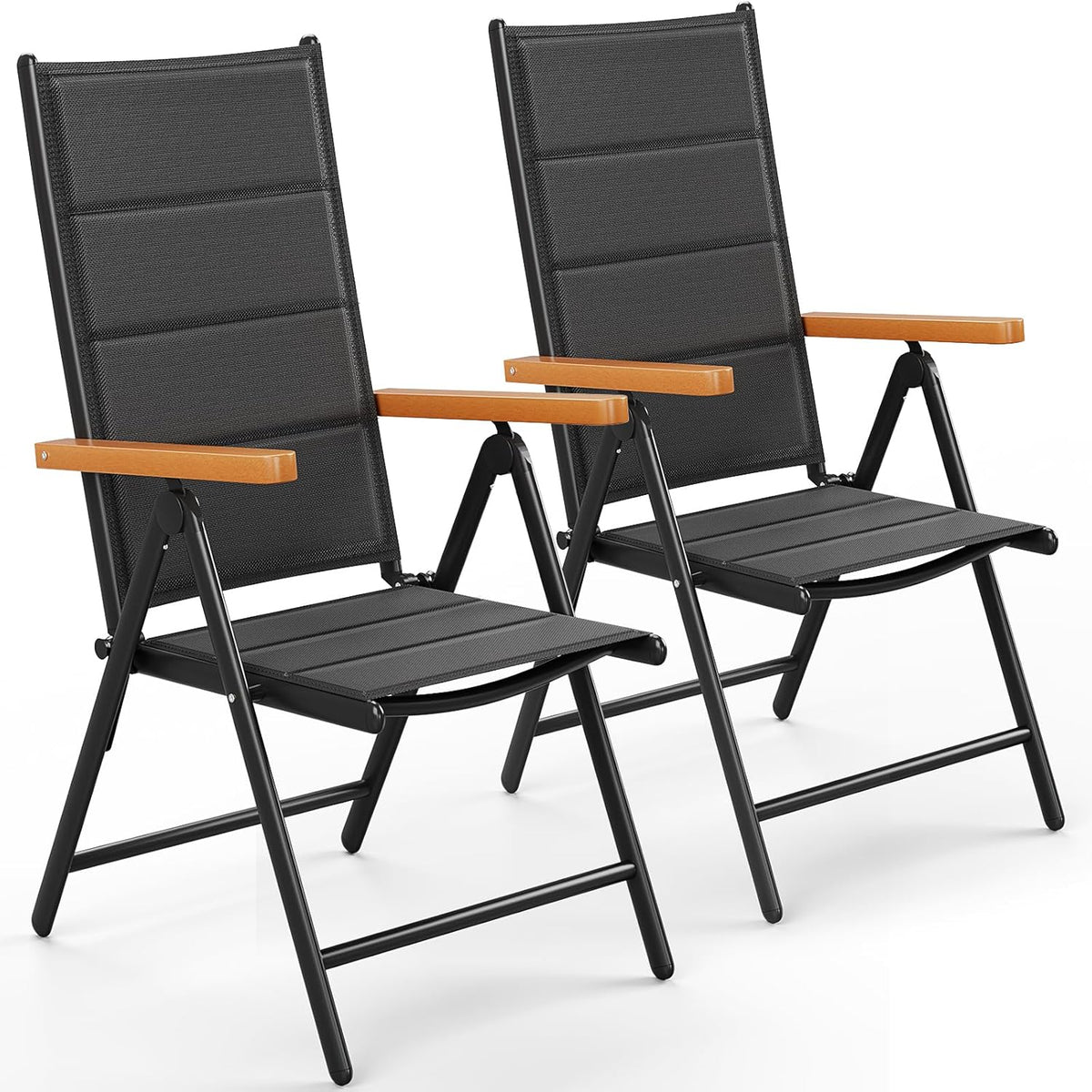 LIFERUN Silla de jardín plegable con respaldo alto, juego de 2 sillas de aluminio para balcón, reposabrazos de WPC, con respaldo y asiento acolchados, ajustable en 7 posiciones, hasta 120 kg, silla de comedor para exteriores, negro, 2 unidades
