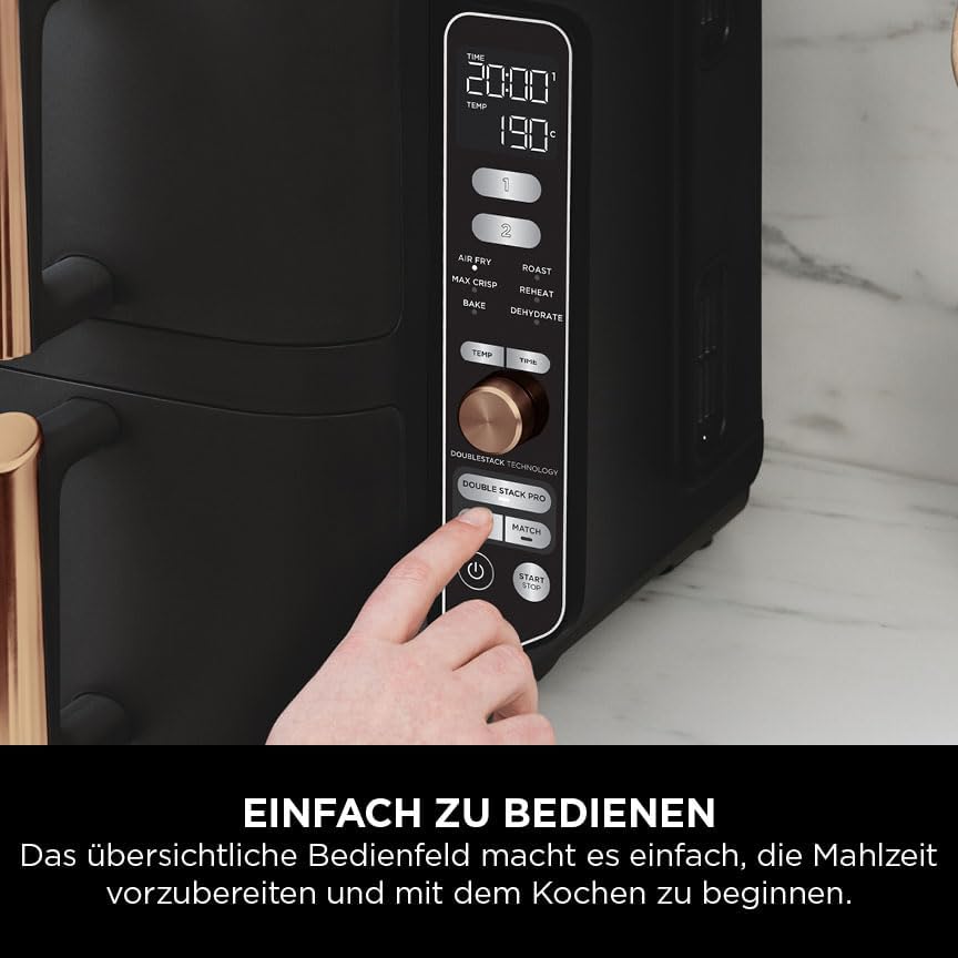 Ninja Double Stack XL Heißluftfritteuse, 2 vertikale Schubladen, 4 Kochstufen, 2 Einschübe, platzsparendes Design, 9,5 L Fassungsvermögen, 6 Funktionen, 8 Portionen, Zange, Schwarz/Kupfer SL400EUCP