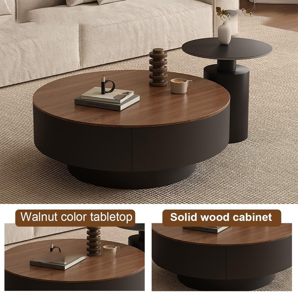 Couchtisch 2er Set Rund, wohnzimmer tisch für couch mit 2 Schubladen aus Massivholz, verdickte 12 mm Steinplatte, Nested Beistelltisch mit Schublade für Schlafzimmer, Home Office(Black+black,70cm)
