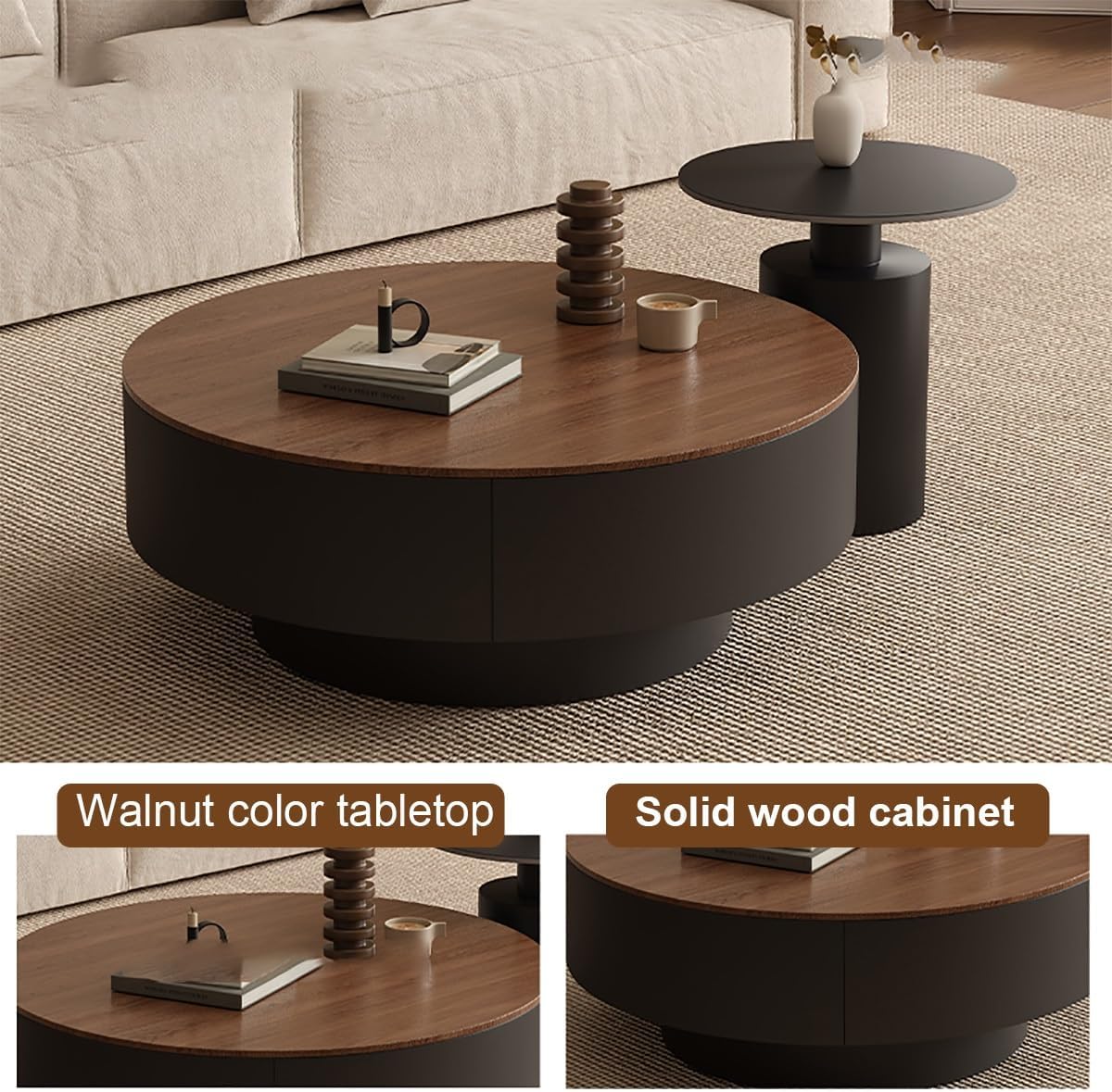 Couchtisch 2er Set Rund, wohnzimmer tisch für couch mit 2 Schubladen aus Massivholz, verdickte 12 mm Steinplatte, Nested Beistelltisch mit Schublade für Schlafzimmer, Home Office(Black+black,70cm)
