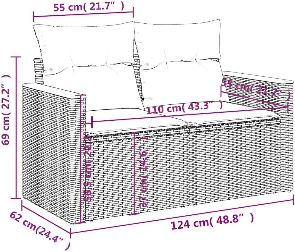 Sofá de jardín vidaXL de 2 plazas con cojines, sofá para jardín y terraza, sofá de terraza con funda extraíble y lavable, muebles de jardín y terraza, ratán sintético beige