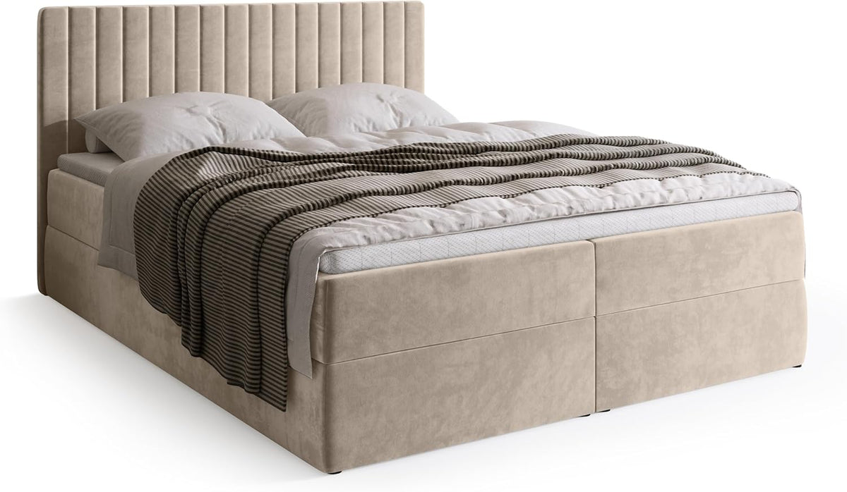 Cama boxspring BROMARKT con arcón, cama tapizada con colchón Bonnell y topper, cama doble con espacio de almacenamiento para dormitorio, cabecero acolchado Dream 140x200, grado de firmeza H3, tejido de terciopelo beige