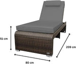 RS Trade Sonnenliege Gartenliege wetterfest aus Rattan, extra hoch & extra breit auch für Senioren – XXL bis 200kg – mit Rollen, Outdoor Liege mit Verstellbarer Rückenlehne, braun mit Grauer Auflage