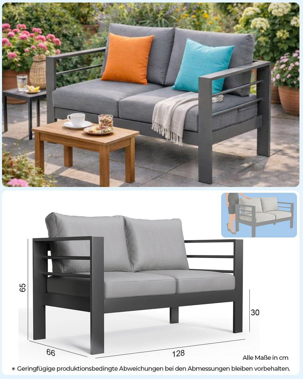 Sofá de jardín LANOX, conjunto de muebles de exterior de 2 plazas de aluminio, 128×65×66 cm, incluye cojines de asiento y respaldo, sofá de jardín resistente a la intemperie para balcón, terraza y jardín, gris