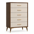 Cómoda de madera con 5 cajones y tiradores metálicos en beige y marrón