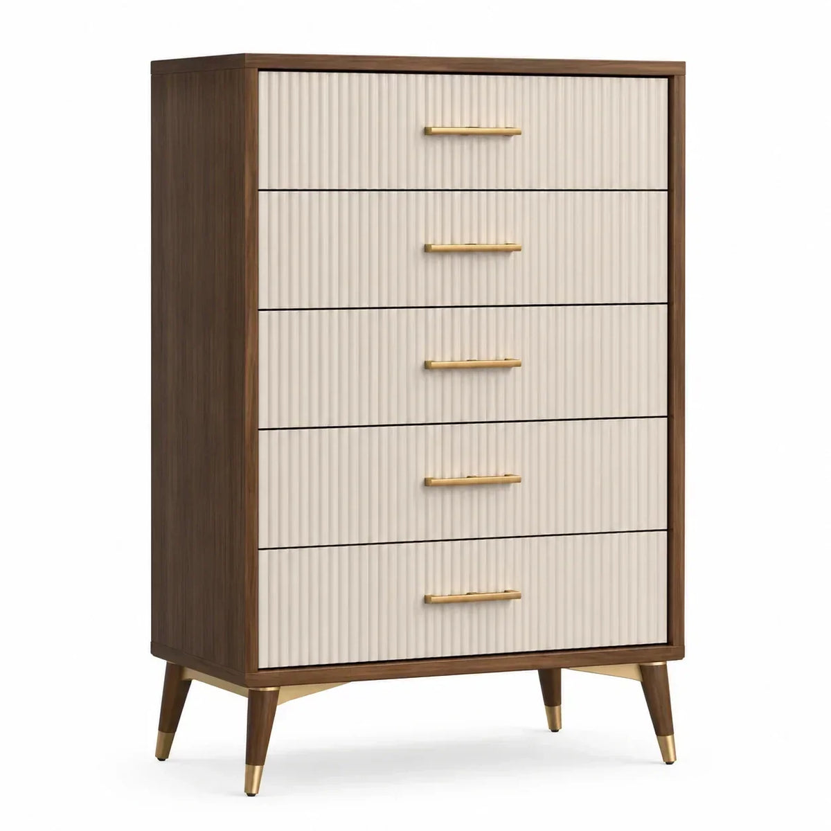 Cómoda de madera con 5 cajones y tiradores metálicos en beige y marrón