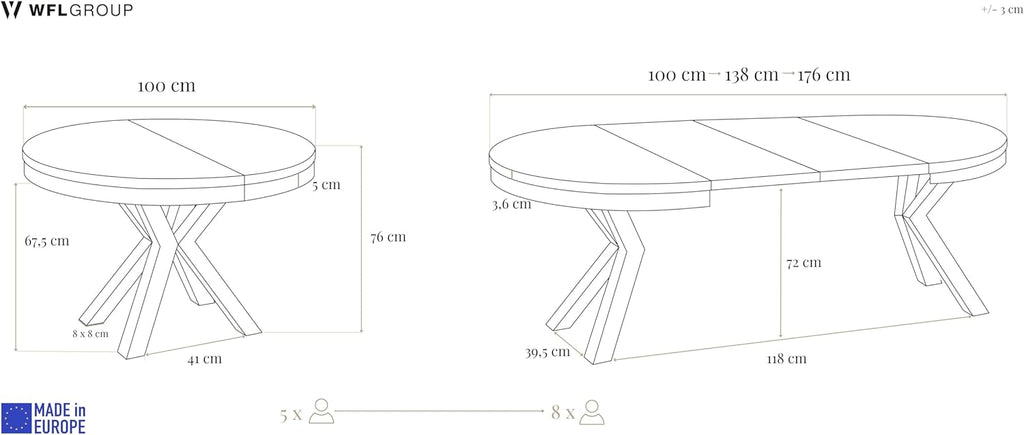 WFL GROUP Mesa de comedor redonda extensible con efecto mármol blanco - Mesa de estilo loft con patas de metal - Mesa industrial para salón - Ahorro de espacio - Mármol blanco - 100 a 180 cm