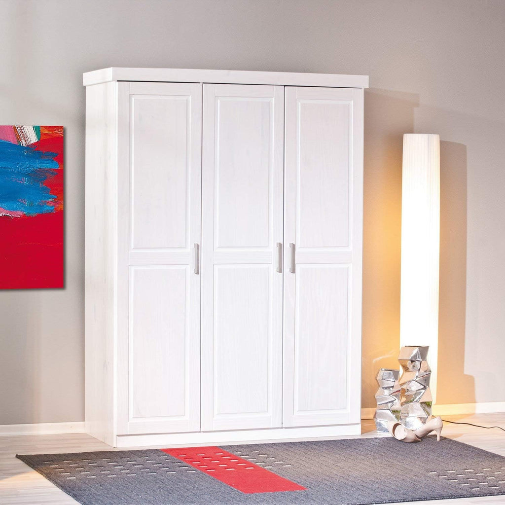 Inter Link - Kleiderschrank - Drehtürenschrank - Wäscheschrank - Garderobenschrank - Schlafzimmerschrank - 3 Türen - Kiefer massiv - Magnus - Weiß lackiert