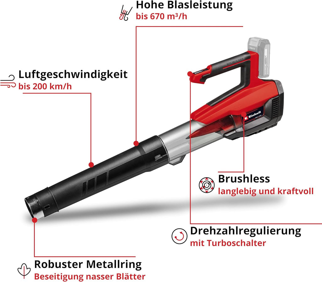 Soplador de hojas inalámbrico Einhell GP-LB 18/200 Li E Power X-Change (18 V, sin escobillas, regulación de velocidad, tecnología de soplador axial, incluye batería de 4,0 Ah y cargador)