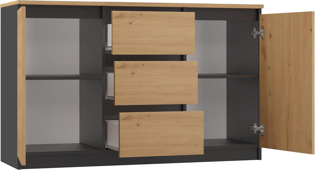 CDF Aparador grande y moderno Costa de 200 cm, conjunto de muebles con 3 puertas y 6 cajones, cómoda sin tiradores para salón o dormitorio, aparador minimalista con gran espacio de almacenamiento - Roble Artisan/Antracita