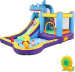 LEADZM Castillo hinchable con soplador, parque acuático inflable con temática de tiburón, con trampolín, tobogán, piscina, pistola de agua, adecuado para 3 niños de 3 a 10 años, 380x260x240 cm