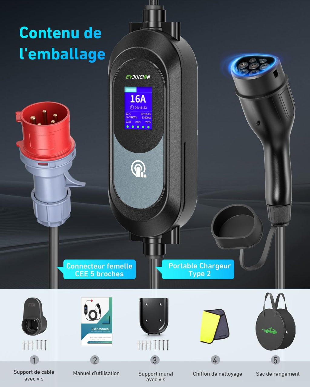 EVJUICION Cargador de coche eléctrico de 11 kW CEE trifásico 6A-16A, cargador EV tipo 2 con soporte de pared, pantalla digital, tiempo de carga ajustable [0-12 h], portabilidad, cable de carga tipo 2 de 6 m con bolsa