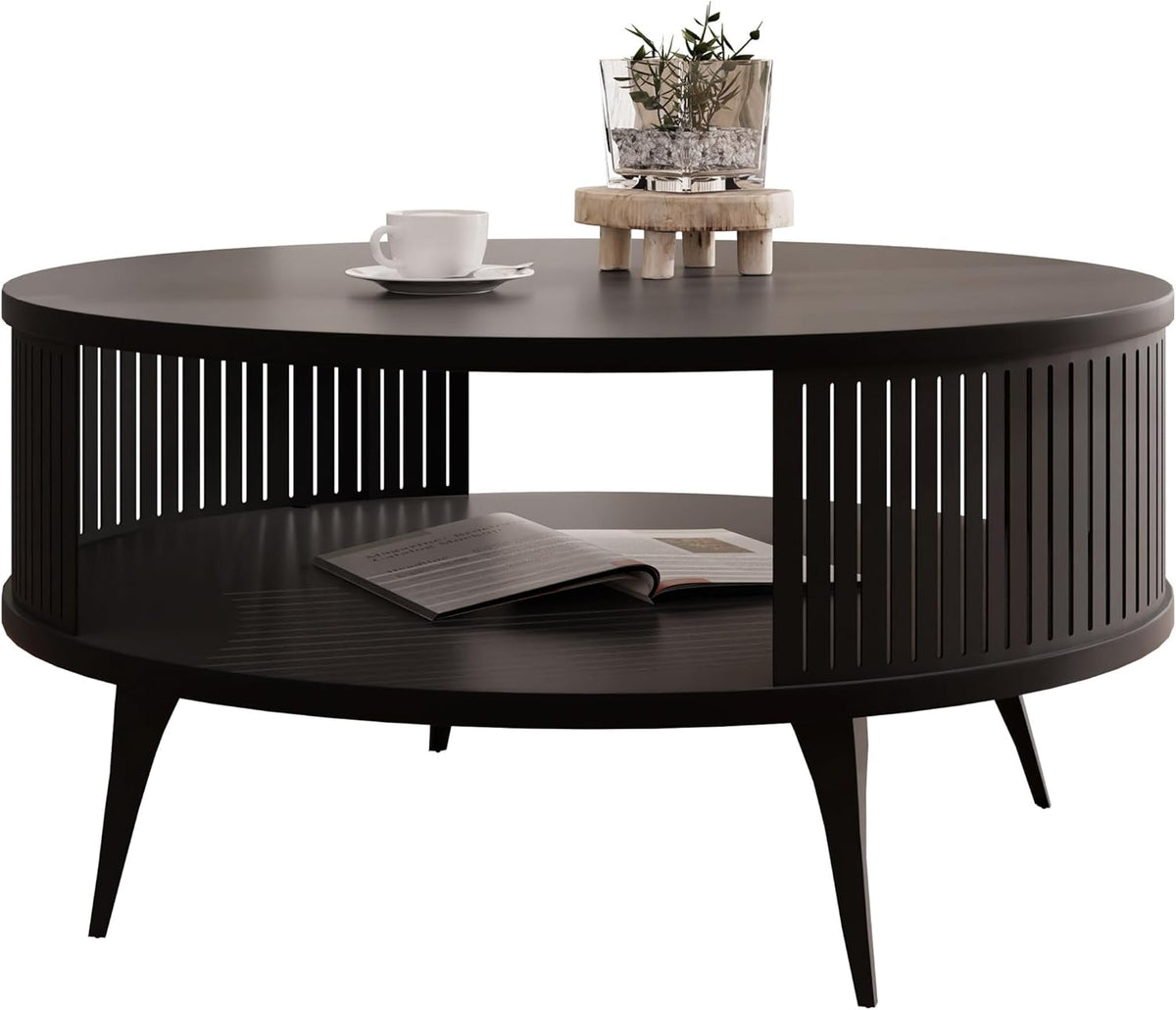 Mesa de centro Mirjan24 Rajkon con estante, forma redonda, patas de metal, mesa de café, mesas de salón, mesa auxiliar, mesa de sofá, mesa de té (Negro Molet, Negro)