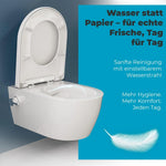 Inodoro con bidet suspendido SSWW sin reborde, 52 cm, boquilla de acero inoxidable, asiento de duroplast con cierre suave, revestimiento nano, agua fría y caliente