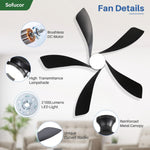 Ventilador de techo inteligente Sofucor con iluminación, ventilador de techo de 132 cm con luz, Alexa/APP, control remoto, 3 temperaturas de color, temporizador, 6 velocidades, motor CC silencioso para dormitorio y salón