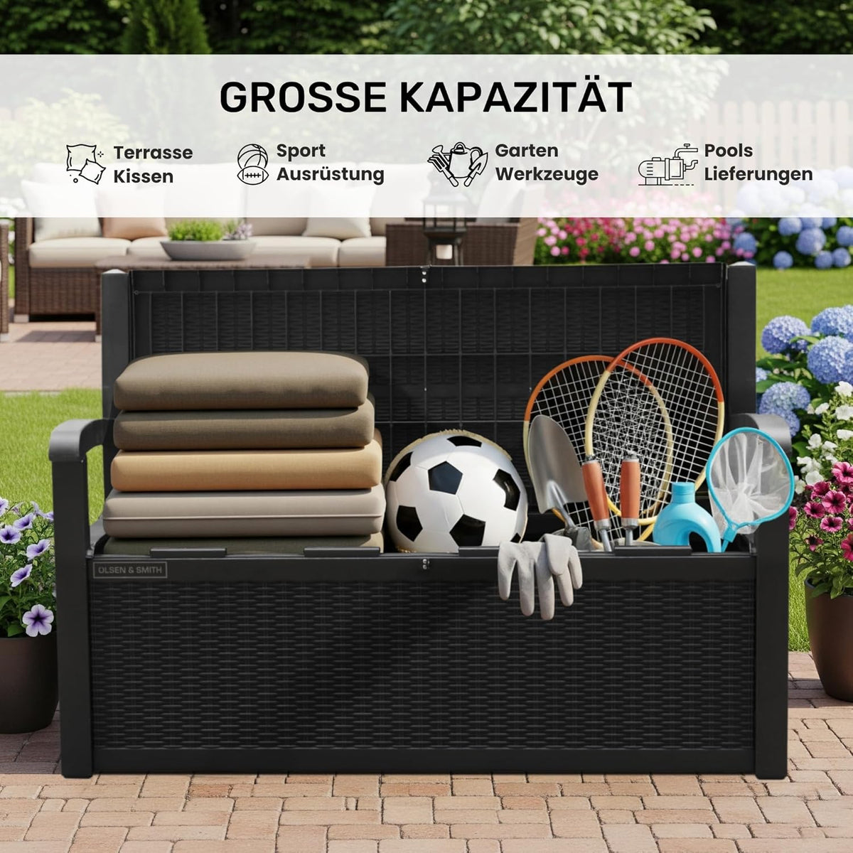 Banco de jardín con almacenamiento Olsen & Smith de 265 litros, resistente a la intemperie, arcón con cerradura, caja de almacenamiento para cojines, plástico impermeable, para herramientas, juguetes, mantas y más, negro