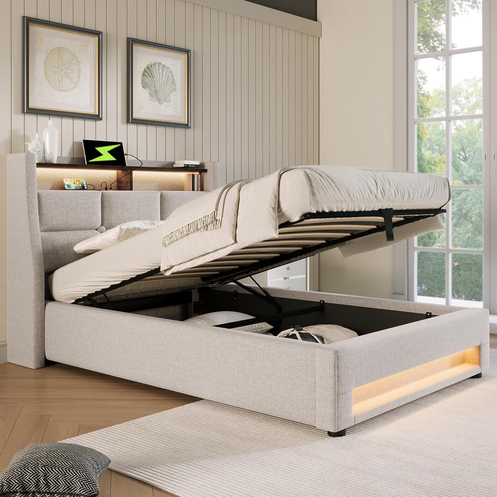 Cama tapizada individual LAKFEW 90x200 cm con cabecero LED USB, cama hidráulica con espacio de almacenamiento, estructura de cama con somier de láminas, cama juvenil, muebles de dormitorio, beige, lino, sin colchón