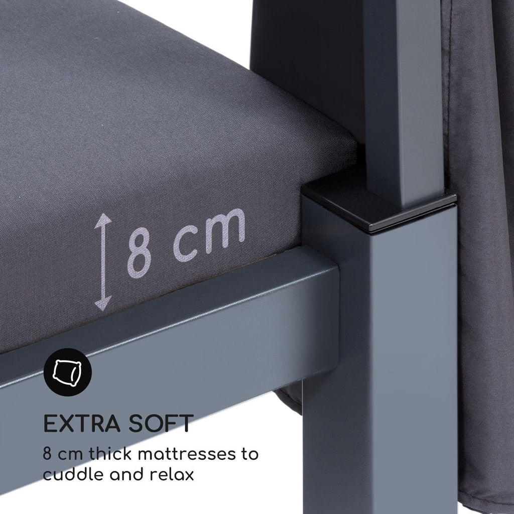 blumfeldt Senator Lounge - Tumbona de jardín doble con toldo, cenador tipo lounge, 188 x 208 x 205 cm, acolchado cómodo, cortinas de privacidad, resistente al agua, estructura de acero, máx. 350 kg, gris