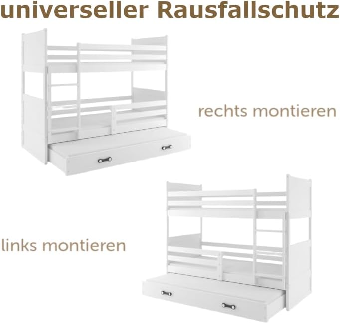 Interbeds Etagenbett für 3 Kinder Stockbett Hochbett 200x90 cm Holzbett Kiefernholz Kinderbett zusätzlicher Schlafplatz in der Schublade Jugenbett mit Lattenrost und Rausfallschutz