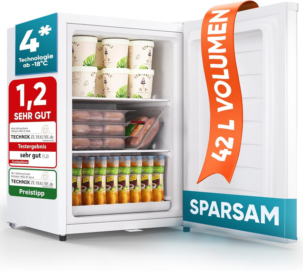 Stillstern Mini Gefrierschrank (42L) -18°C, Eiswürfelschale, Schloss, Türanschlag wechselbar, 4-Sterne Tiefkühlschrank für Camping/Büro Gefriertruhe Klein Gefrierschrank Klein Tiefkühltruhe Weiß