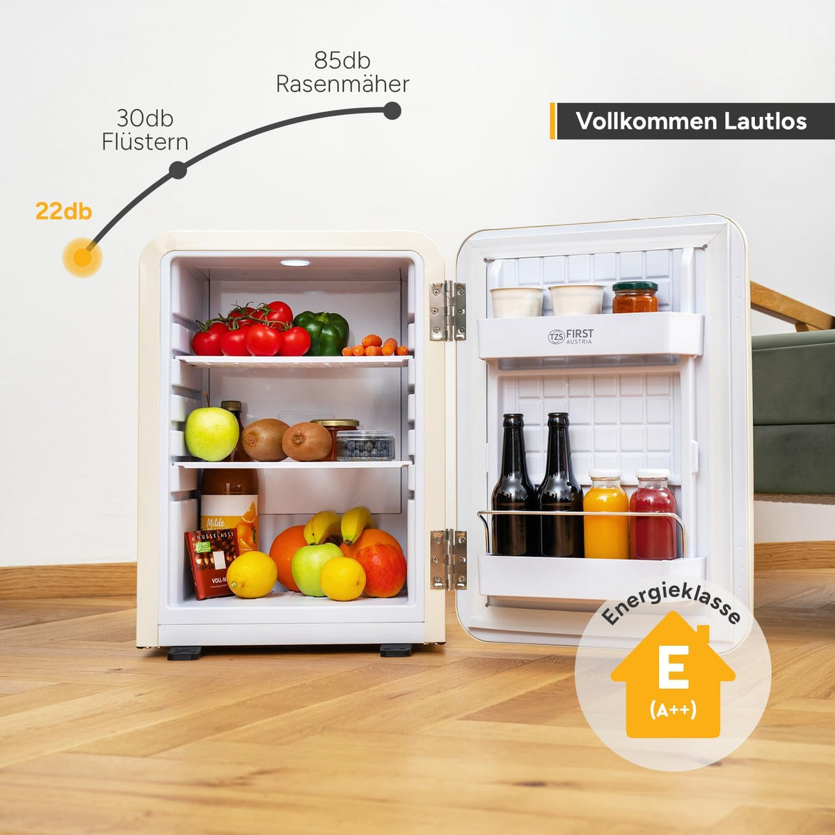TZS First Austria - Mini refrigerador retro 40L - Silencioso - Minibar vintage para dormitorio y oficina - color crema