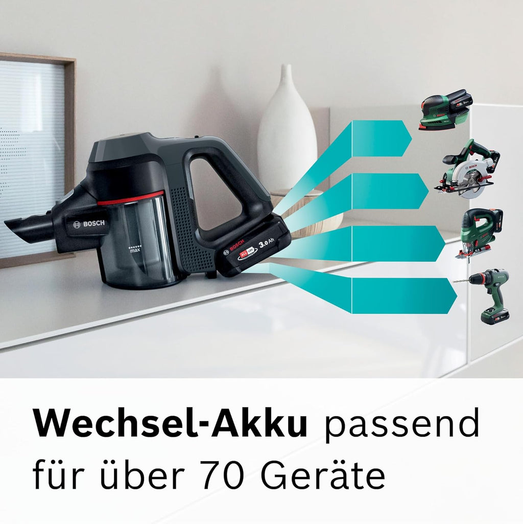 Bosch Akku-Staubsauger Unlimited 7 BCS711A, kabelloser Handstaubsauger, beutellos, Wechselakku, Knickrohr, Hygiene-Filter, 10 Jahre Motorgarantie, Fugendüse, LED-Beleuchtung, Turbostufe, grau