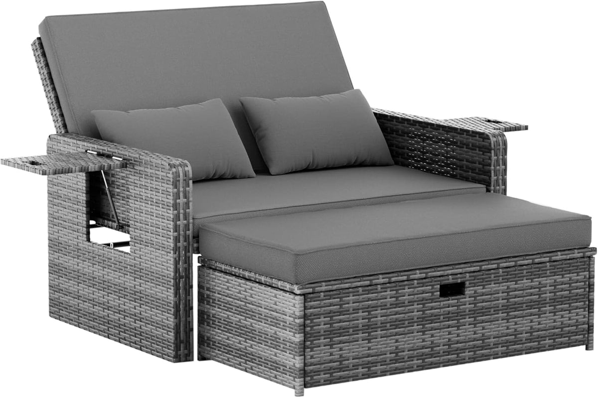 Amopatio Rattan Gartenlounge Outdoor Set, 2-Sitzer Gartensofa mit Auflagenbox & Verstellbarer Rückenlehne, Wetterfestes Lounge Möbel für Balkon und Terrasse mit Hocker und Kissen, Grey