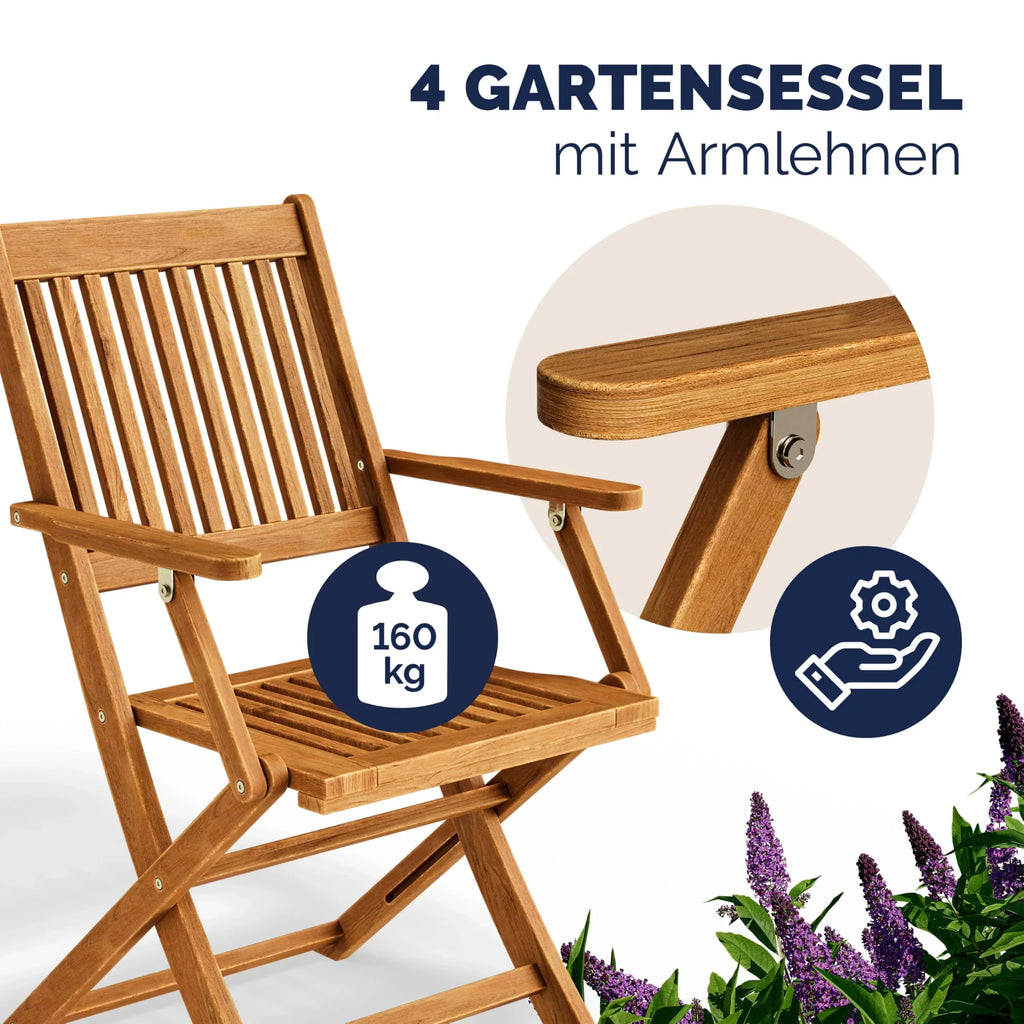 Conjunto de mesa de jardín certificado FSC para 4 personas, 200 cm, 160 kg, resistente a la intemperie, plegable, 5 piezas, acacia con reposabrazos, marrón