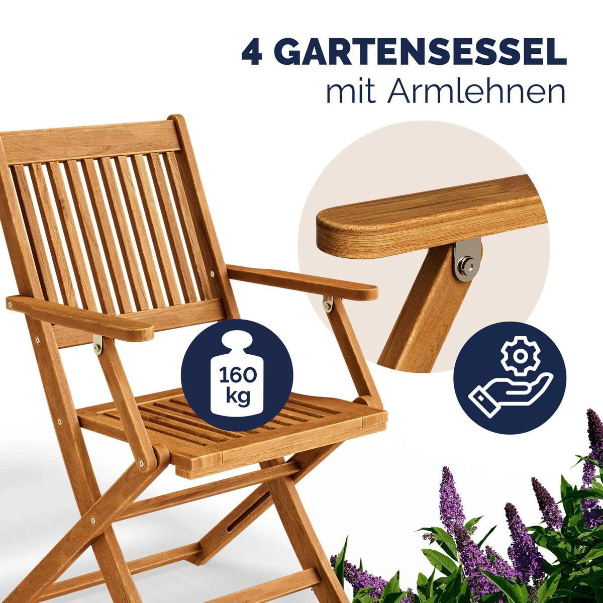 Conjunto de mesa de jardín certificado FSC para 4 personas, 200 cm, 160 kg, resistente a la intemperie, plegable, 5 piezas, acacia con reposabrazos, marrón