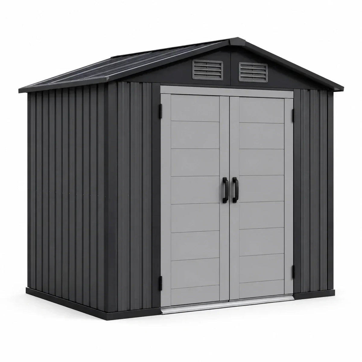 Caseta de jardín de metal con puerta doble y ventilación, gris/negro